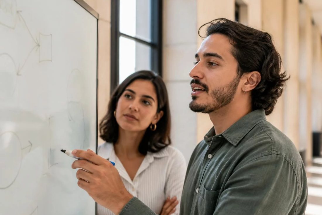 Dois alunos em pé diante do quadro branco, riscando a ordem em que o argumento será apresentado